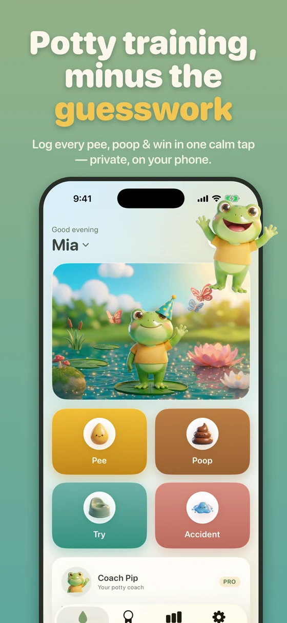 PottyPond home screen: one-tap logging beside Pip's pond